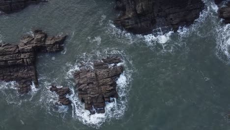 Aerial-drone-bird's-eye-view-of-people-on-a-blue-multi-person-paddleboard-navigating-rocks-along-the-coastline-under-a-rocky-cliff-face---Lee-Bay,-Beach,-Ilfracombe,-Devon,-England