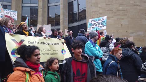 Close-up-of-Pro-Trans-protesters-gathering-at-the-steps-of-Buchanan-street