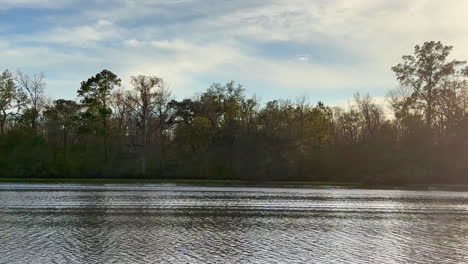 Wide-shot-of-jet-ski-driving-by-on-river-and-wake-with-trees-in-background