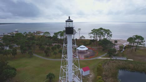 Aerial-fly-over-of-Cape-San-Blas-Lighthouse-at-Port-St