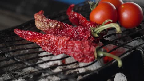 Cook-puts-peppers-and-tomatoes-on-charcoal-fire-grill-for-healthy-Mediterranean-cooking