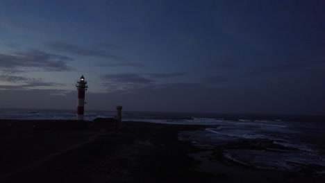 aerial-footage-of-a-lonely-lighthouse-at-the-rocky-ocean-shore-with-yellow-light-on-top-at-dawn-with-waves-crashing-all-around-and-dark-blue-sky-in-back
