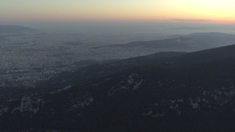 Aerial---Panoramic-view-of-Athens,-Greece-from-Mount-Parnitha-at-dusk