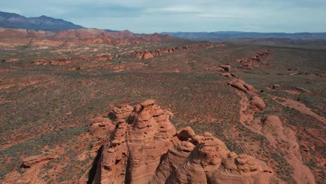 Aerial-View-of-Church-Rocks,-Scenic-Red-Rock-Formations-Near-Hurricane,-Utah-USA