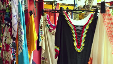 Mahe-Seychelles-town-market-of-Victoria,-souvenirs-like-clothing-can-be-seen-and-bought