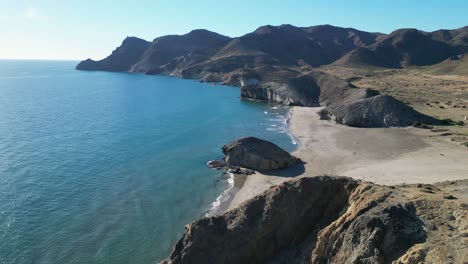 Monsul-Beach-in-Cabo-de-Gata,-Almeria,-Andalusia,-Spain---Aerial-4k