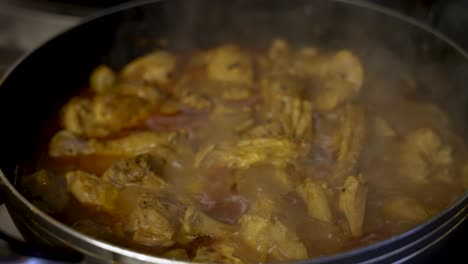 Close-Up-View-Of-Bubbling-Simmering-Chicken-Curry-In-Pot-With-Steam-Rising