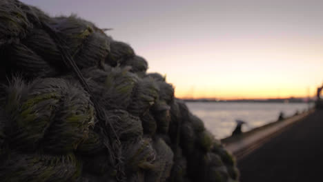 Fishing-ship-industry-rope,-golden-sunset,-Rotterdam