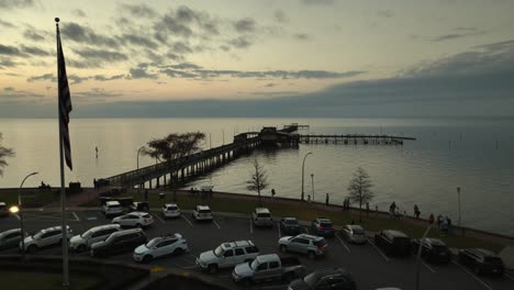 Aerial-view-of-Fairhope,-Alabama-pier-at-sunset