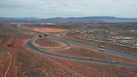 Aerial-View-of-Traffic-on-I-15-Highway-and-Junction-Near-Hurricane,-Utah-USA,-Drone-Shot