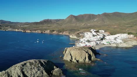 Cabo-de-Gata,-Almeria,-Andalusia,-Spain---Aerial-4k-of-White-Coastal-Village-Isleta-del-Moro