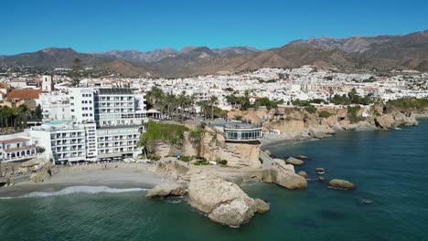 Nerja-Balcon-de-Europa-and-beaches-in-at-Costa-del-Sol,-Andalusia,-Spain---Aerial-4k-Circling