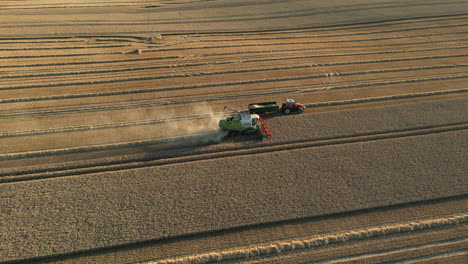 Establishing-Drone-Shot-of-Claas-Combine-Harvester-Unloading-Grain-to-Red-Tractor-with-Green-Trailer-and-then-Driving-off-at-Golden-Hour-UK