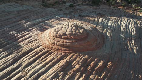 Natural-Wonders-of-Utah-Desert-USA,-Aerial-View-of-Unique-Circular-Sandstone-Hill-Formation,-Candy-Cliffs-Hike,-Drone-Shot
