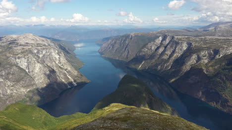 Beautiful-drone-shot-of-Beitelen-and-the-Aurlandsfjord-on-a-summer-day