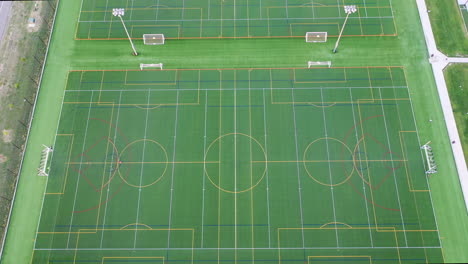 Aerial-view-of-row-of-turf-soccer-fields