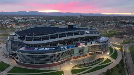 Sunset-drone-shot-over-Empower-Field-at-Mile-High-American-football-stadium