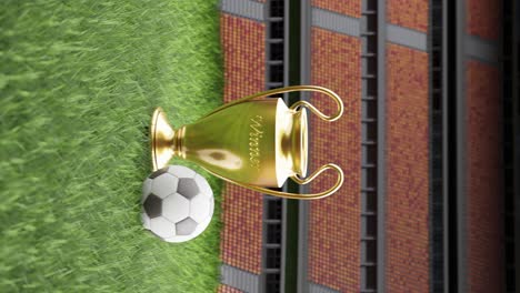 Football-tournament-trophy-with-ball-on-a-stadium-soccer-field,-vertical-with-text-space