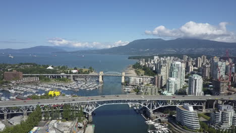 Aerial:-Vancouver-city-False-Creek-bridges-of-Granville-and-Burrard