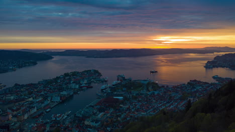 Amazing-aerial-shot-over-the-mountainside-of-a-beautiful-sunset-in-Bergen,-Norway