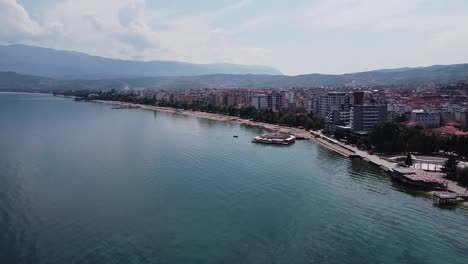 Aerial-view-of-coastal-city-in-Albania,-Europe