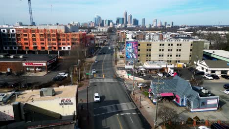 Charlotte-NC-Plaza-Midwood-forward-Aerial-with-Skyline-in-View