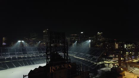 Flying-Over-Coors-Field-Stadium-Revealing-Downtown-Denver-In-Background