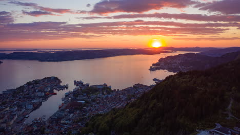 Beautiful-aerial-shot-over-Mount-FlÃ¸yen-of-a-gorgeous-colorful-sunset-in-Bergen,-Norway