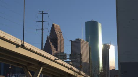 Low-angle-aerial-view-of-downtown-Houston