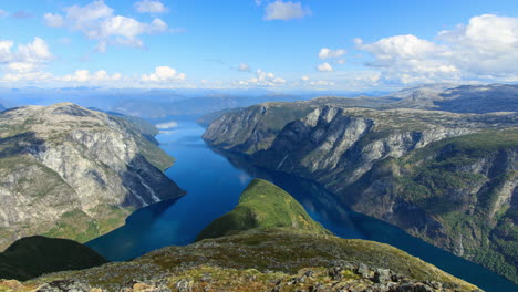 Timelapse-from-beautiful-vantage-point-high-above-the-fjord-in-Aurland,-Norway