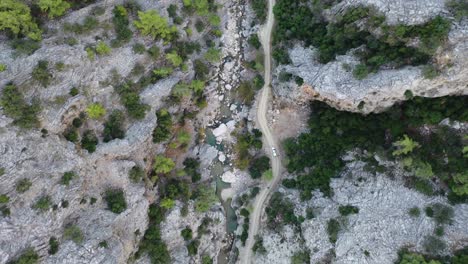 Top-Down-Aerial-View-of-Car-Moving-on-Narrow-Road-by-Creek-in-Deep-Canyon