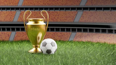 Football-tournament-trophy-with-ball-on-a-stadium-soccer-field,-vertical-with-text-space