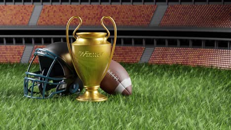 American-football-concept-with-trophy-and-helmet-on-the-field,-3d-illustration