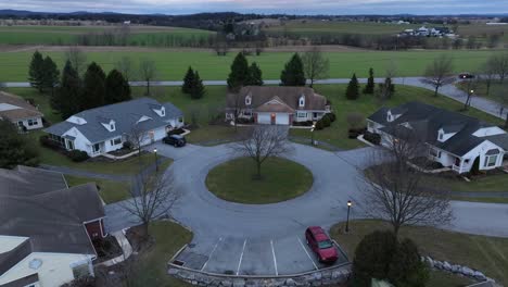 Aerial-orbit-around-quaint-cul-de-sac-roundabout-retirement-community-housing-in-America