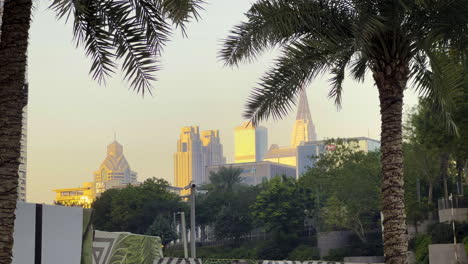 Dubai-Wolkenkratzer-Skyline-Gesehen-Zwischen-Einigen-Palmen-Bei-Sonnenuntergang-Mit-Einem-Wunderschönen-Goldenen-Licht-Auf-Die-Stadt-Geworfen