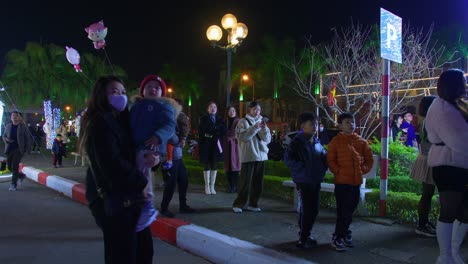 Static-shot-of-young-children-and-parents-watching-the-fireworks-going-off-at-new-years