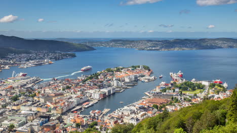 Amazing-view-over-the-city-of-Bergen,-Norway-from-the-top-of-the-funicular-to-Mount-Fløyen