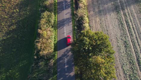 Red-car-drives-on-country-road