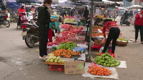 Statischer-Schuss,-Der-Frisches-Obst-Und-Gemüse-Auf-Einem-Straßenmarkt-In-Lang-Son-Verkauft