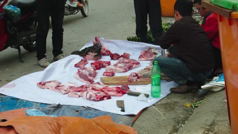 Static-shot-of-stall-owner-cutting-up-and-selling-raw-meat-at-the-Lang-Son-Markets