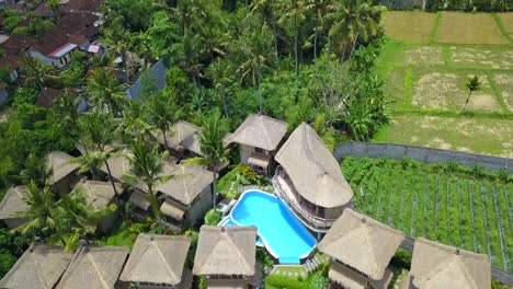 Majestuosa-Vista-Aérea-Vuelo-Drone-Vista-De-Arriba-Hacia-Abajo-De-Cabaña-De-Bambú-Hotel-Resort-Piscina-Azul-Bali,-Ubud-Primavera-2017