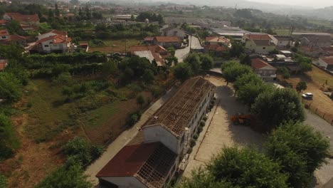 Aerial-View-of-Wooden-Frame-House-Under-Construction-Roof-Beams