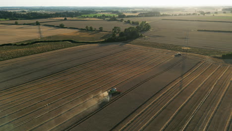 Establishing-Drone-Shot-of-Combine-Harvester-and-Tractor-with-Trailer-into-the-Sun-at-Golden-Hour