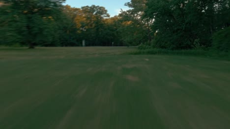 Hochgeschwindigkeits-Drohnenflug-über-Saftig-Grünes-Gras-Und-Bäume,-Gefolgt-Von-Einem-Vertikalen-Aufstieg-Zu-Einem-Atemberaubenden-Panoramablick-über-Einen-Wald-Bei-Sonnenuntergang