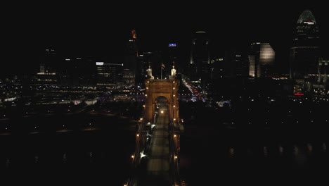 Aerial-Flyover-Suspension-Bridge-toward-Downtown-Cincinnati,-Ohio