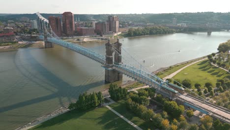 Aerial-Pan-of-Suspension-Bridge,-Cincinnati,-Ohio