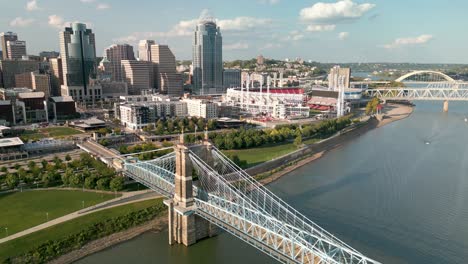 Aerial-Ascent-of-Suspension-Bridge-and-Downtown-Cincinnati,-Ohio