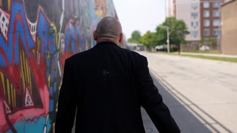 old-man-corporatist-wearing-a-suit-and-walking-slow-and-tired-on-a-street-with-a-mural-on-the-wall