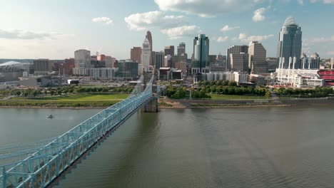 Aerial-Pan-of-Cincinnati-Skyline-and-Suspension-Bridge