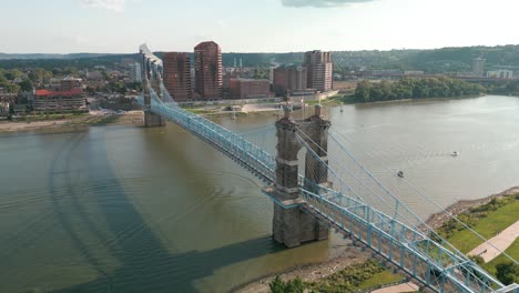 Aerial-Drone-Ascent-Backup-of-Suspension-Bridge-Cincinnati,-Ohio